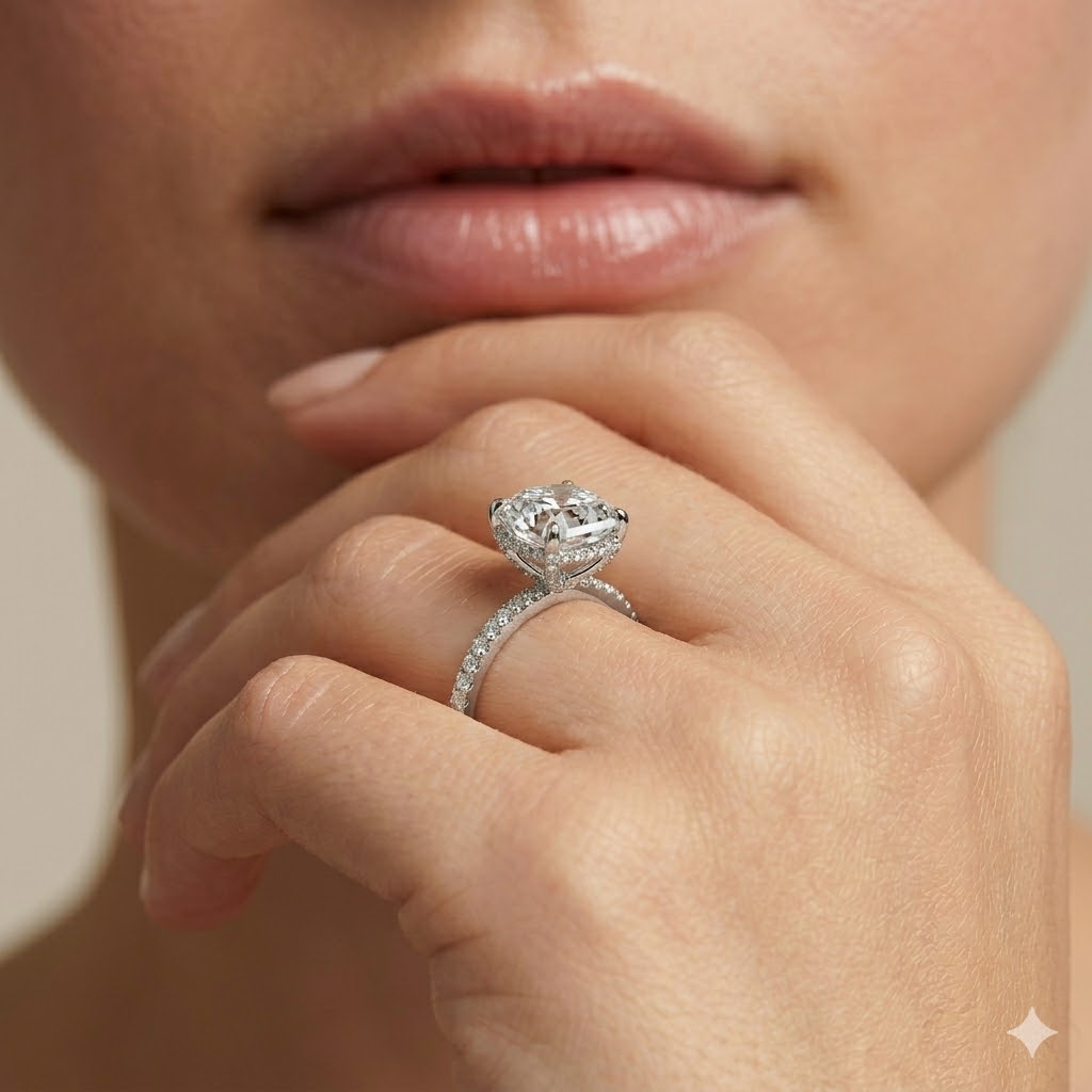 Lab Grown Diamond Engagement Ring Asscher Cut Double Hidden Halo with Pavé Band Ring for Women - Image 10