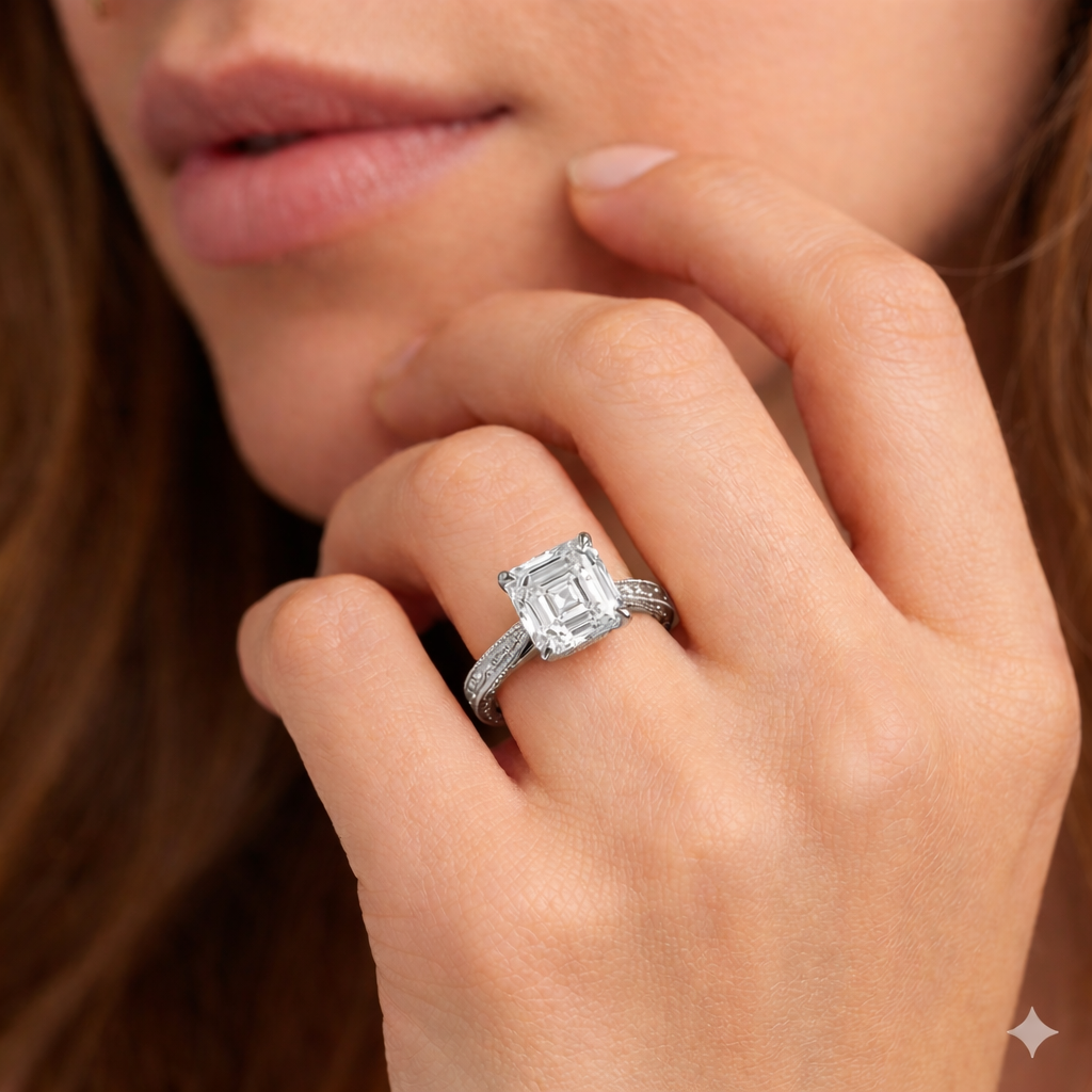 Lab Grown Diamond Engagement Ring Asscher Cut Vintage Style Ring for Women - Image 4