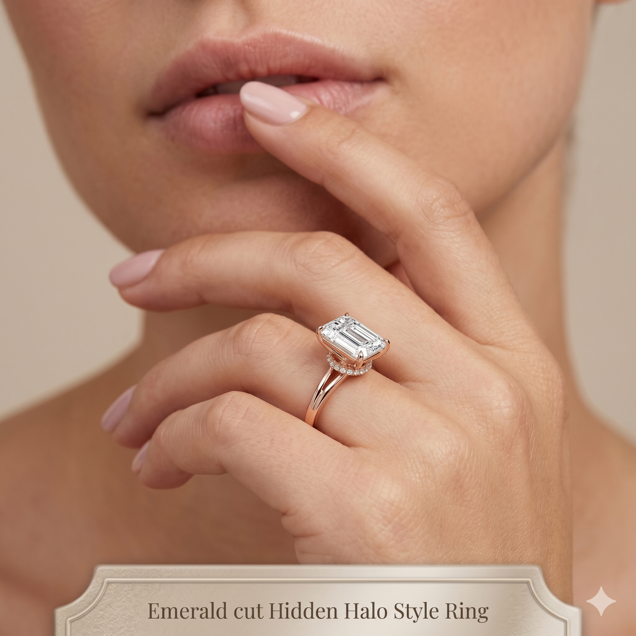 IGI Certified Lab Grown Diamond Engagement Ring Emerald Cut Hidden-Halo Style Ring for Women - Image 8