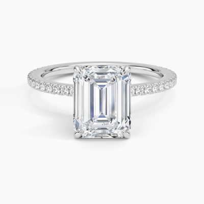 IGI Certified Lab Grown Diamond Engagement Ring Emerald Cut Solitaire with Pavé Band Ring for Women