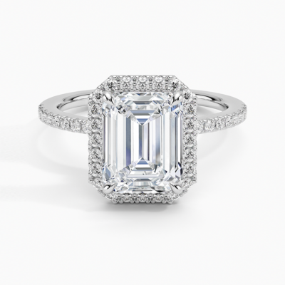 IGI Certified Lab Grown Diamond Engagement Ring Emerald Cut Hidden Halo Pavé Ring for Women