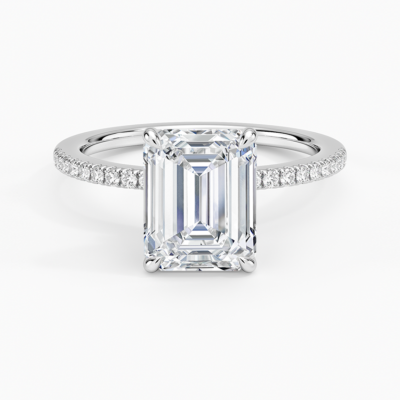 IGI Certified Lab Grown Diamond Engagement Ring Classic Emerald with Hidden Halo and Pavé Band Ring for Women