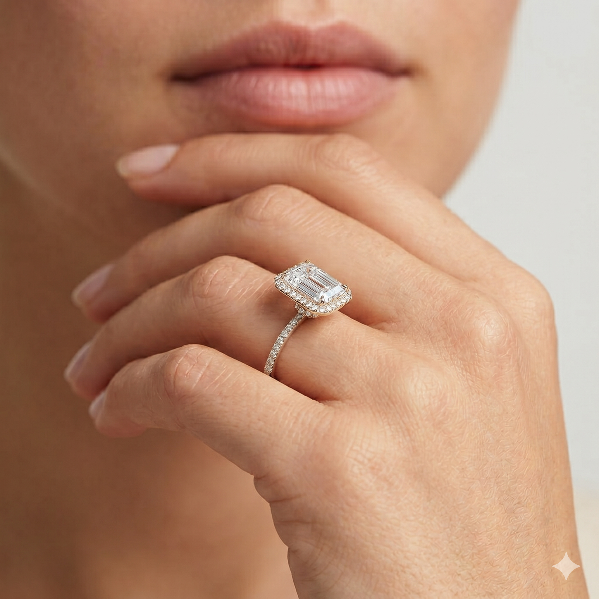 IGI Certified Lab Grown Diamond Engagement Ring Emerald Cut Hidden Halo Pavé Ring for Women - Image 4