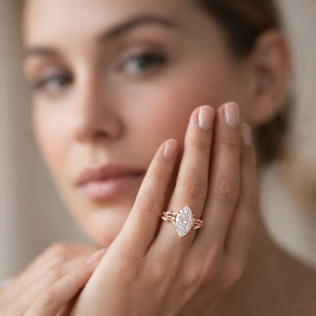 IGI Certified Lab Grown Diamond Engagement Ring Marquise Cut Vintage Inspired Floral for Women - Image 12