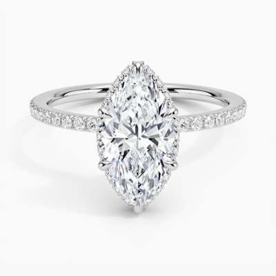 IGI Certified Lab Grown Diamond Engagement Ring Marquise Cut Hidden Halo Cathedral Pavé Ring for Women