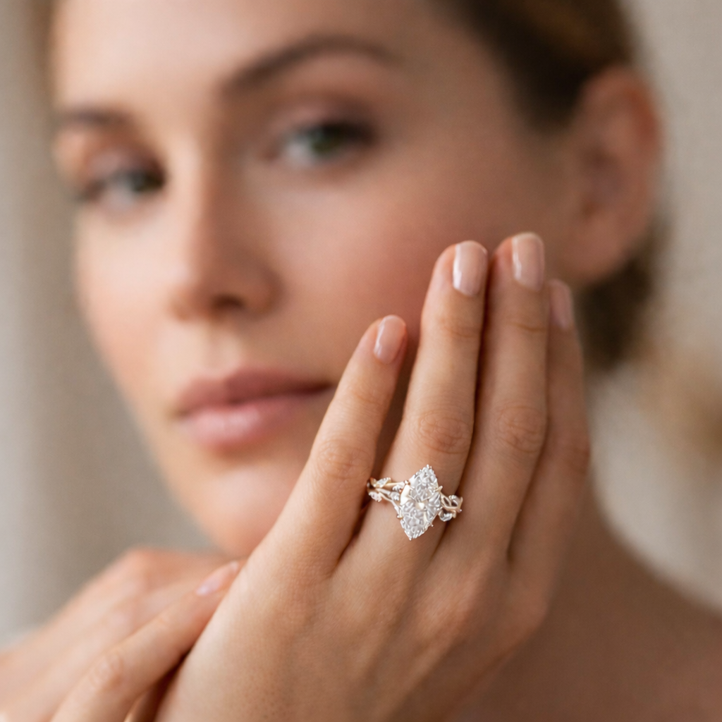 IGI Certified Lab Grown Diamond Engagement Ring Marquise Cut Vintage Inspired Floral for Women - Image 4