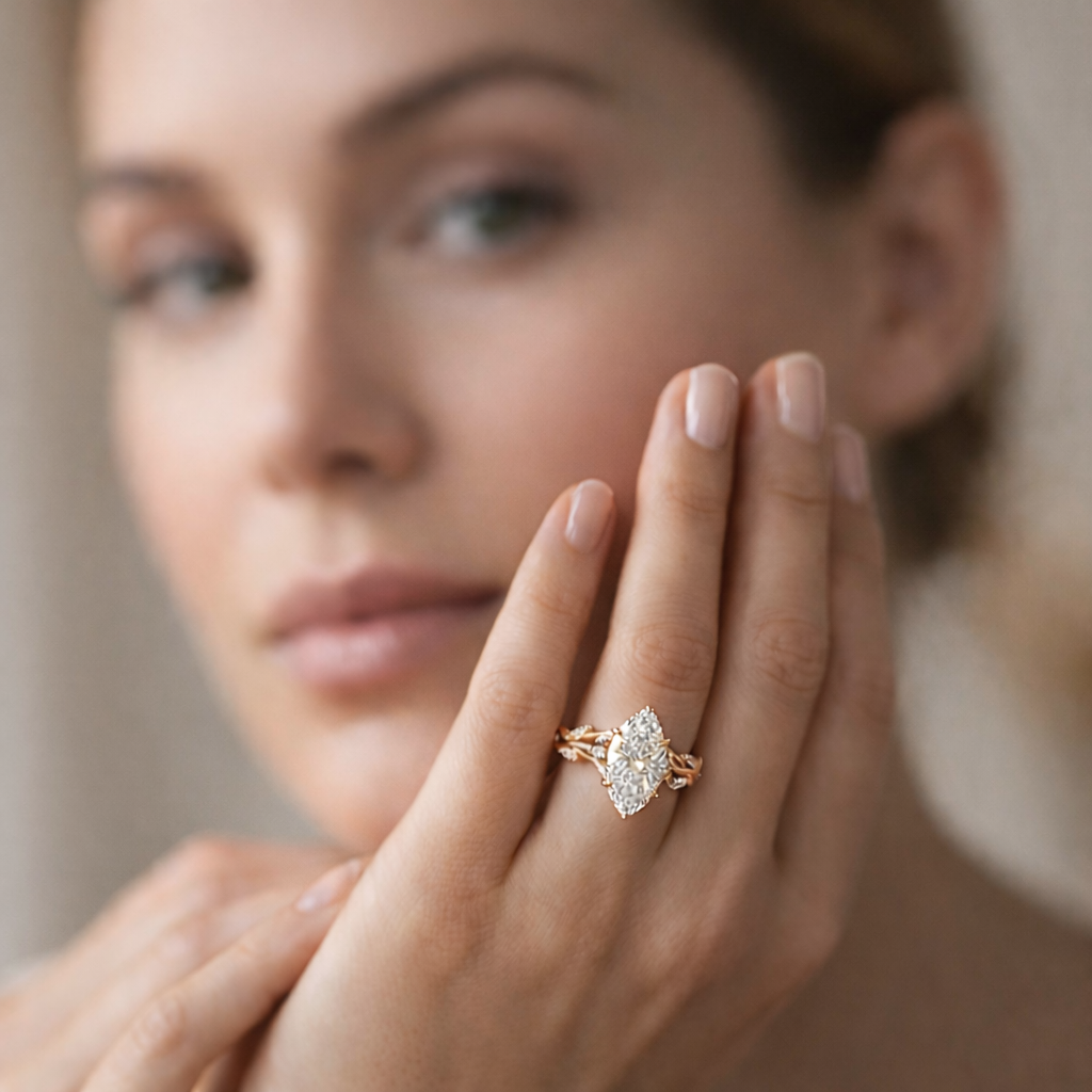 IGI Certified Lab Grown Diamond Engagement Ring Marquise Cut Vintage Inspired Floral for Women - Image 8