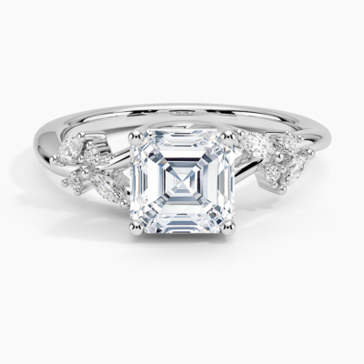 IGI Certified Lab Grown Diamond Engagement Ring Asscher Brilliant Floral Cathedral Ring