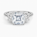 IGI Certified Lab Grown Diamond Engagement Ring Asscher Cut Three-Stone Cathedral with Floral Diamond Gallery Ring for Women