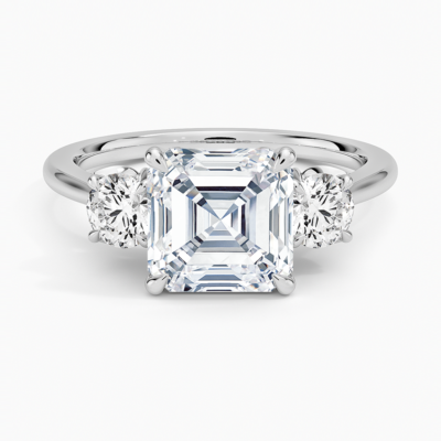 IGI Certified Lab Grown Diamond Engagement Ring Asscher Cut Three-Stone Cathedral with Floral Diamond Gallery Ring for Women