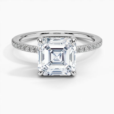 IGI Certified Lab Grown Diamond Engagement Ring Asscher Cut Hidden Halo with Half Coverage Pavé Band Ring for Women