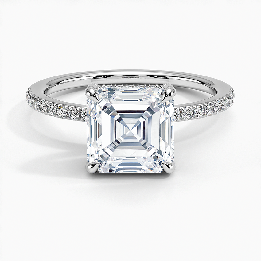 Lab Grown Diamond Engagement Ring Asscher Cut Hidden Halo with Half Coverage Pavé Band Ring for Women