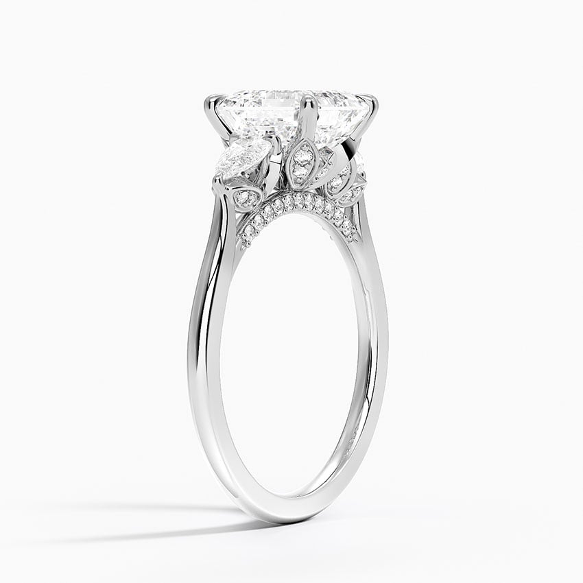 Lab Grown Diamond Engagement Ring Asscher Cut Three-Stone Ring with Floral Diamond Gallery - Image 2