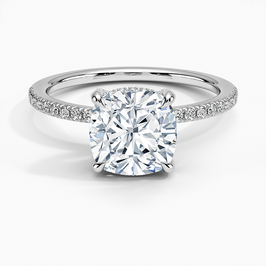 Lab Grown Diamond Engagement Ring Cushion Cut Hidden Halo with Half Coverage Pavé Band Ring for Women