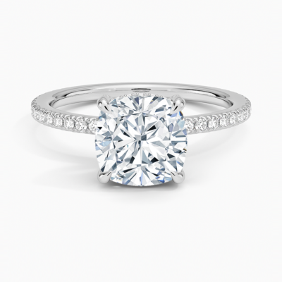 IGI Certified Lab Grown Diamond Engagement Ring Cushion Cut Double Hidden Halo with Pavé Band Ring for Women