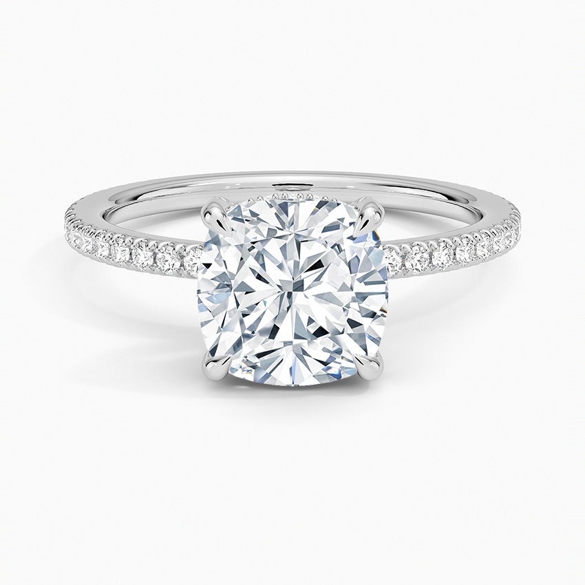 Lab Grown Diamond Engagement Ring Cushion Cut Double Hidden Halo with Pavé Band Ring for Women