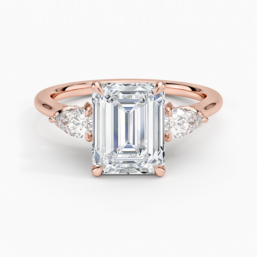 Lab Grown Diamond Engagement Ring Emerald Cut Three-Stone Ring with Floral Diamond Gallery - Image 7