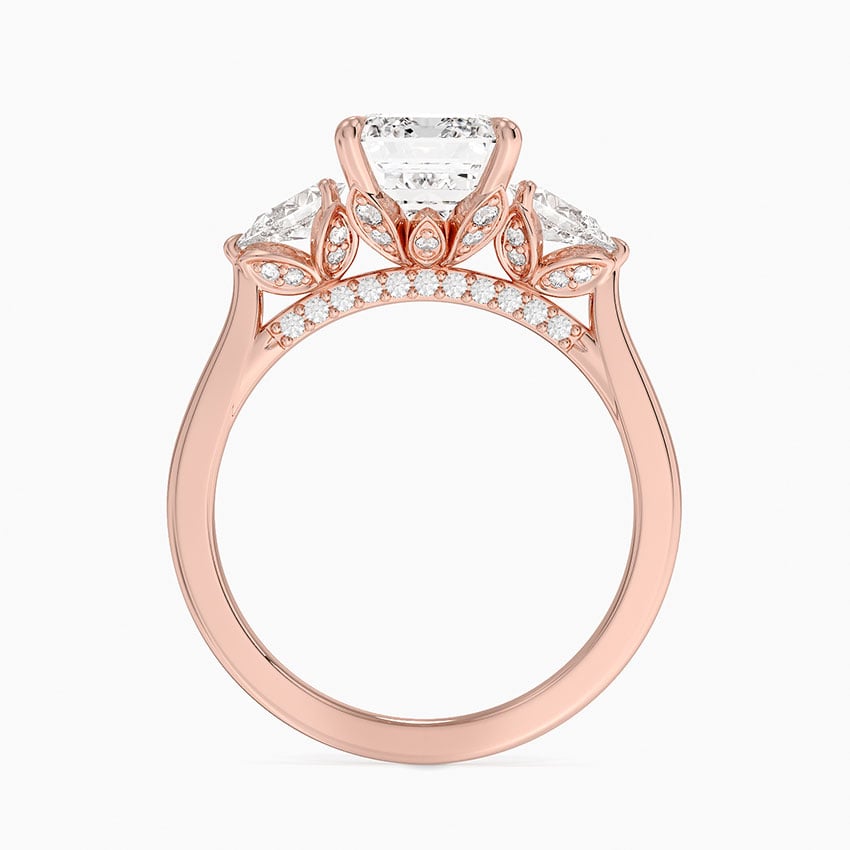 Lab Grown Diamond Engagement Ring Emerald Cut Three-Stone Ring with Floral Diamond Gallery - Image 9