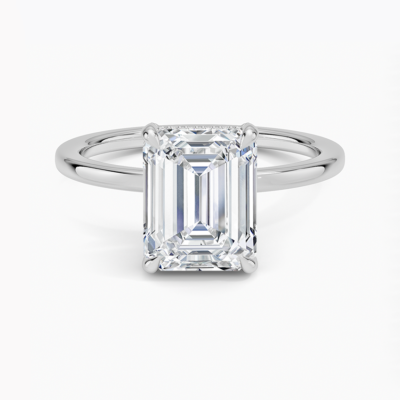 IGI Certified Lab Grown Diamond Engagement Ring Emerald Cut Solitaire Hidden Halo with White Prongs Ring for Women