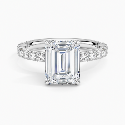 IGI Certified Lab Grown Diamond Engagement Ring Classic Emerald Solitaire Ring with Pavé Band