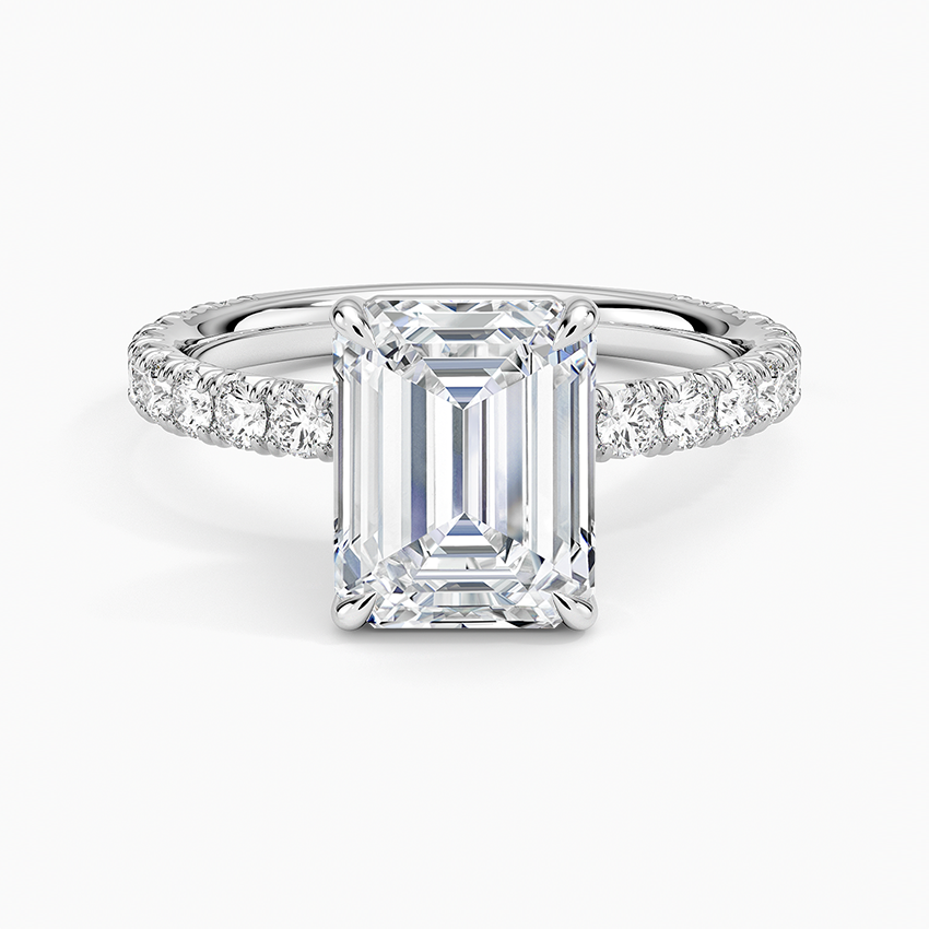 Lab Grown Diamond Engagement Ring Classic Emerald Solitaire Ring with Pavé Band