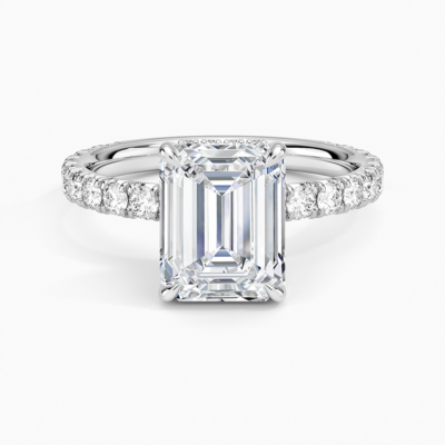 IGI Certified Lab Grown Diamond Engagement Ring Emerald Brilliant Hidden Halo Pavé Solitaire Ring