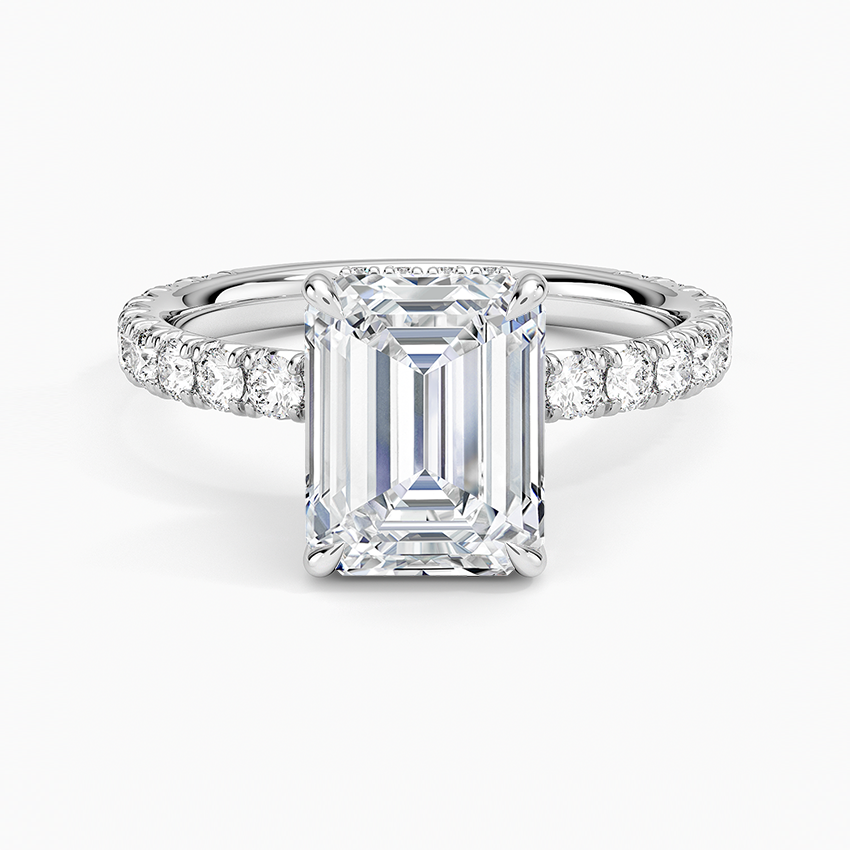 IGI Certified Lab Grown Diamond Engagement Ring Emerald Brilliant Hidden Halo Pavé Solitaire Ring