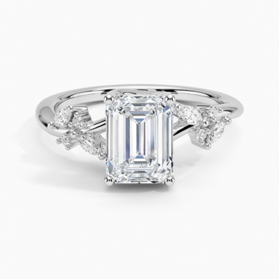 IGI Certified Lab Grown Diamond Engagement Ring Emerald Brilliant Floral Cathedral Ring