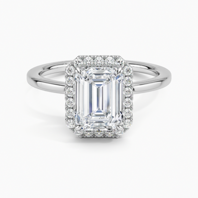 IGI Certified Lab Grown Diamond Engagement Ring Emerald Cut with Hidden Halo and Cathedral Pavé V-Gallery Ring for Women