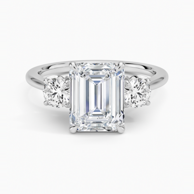 IGI Certified Lab Grown Diamond Engagement Ring Emerald Cut Three-Stone Cathedral with Floral Diamond Gallery Ring for Women
