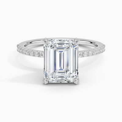 IGI Certified Lab Grown Diamond Engagement Ring Emerald Cut Solitaire Ring with Floral Petal Basket Ring for Women