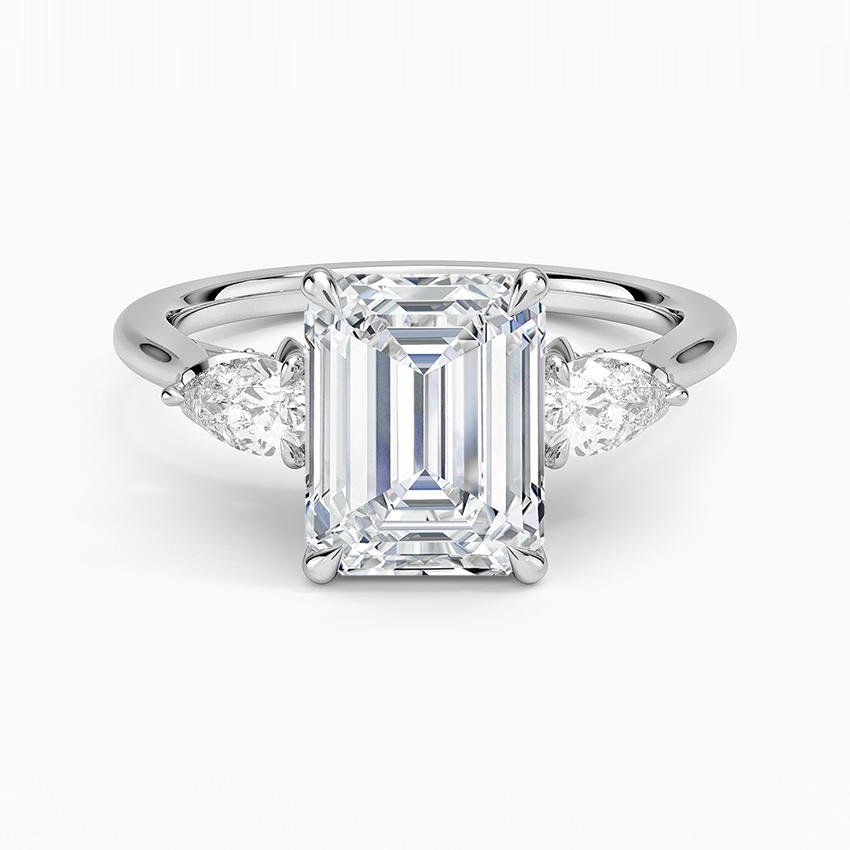 Lab Grown Diamond Engagement Ring Emerald Cut Three-Stone Ring with Floral Diamond Gallery