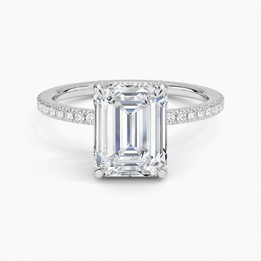 IGI Certified Lab Grown Diamond Engagement Ring Emerald Cut Double Hidden Halo with Pavé Band Ring for Women