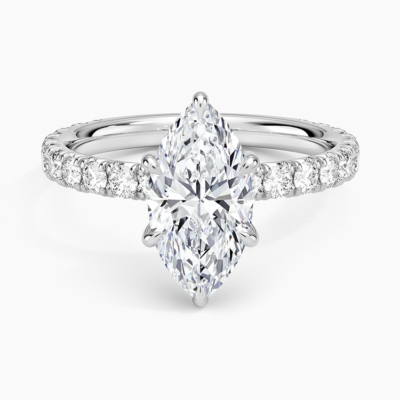 IGI Certified Lab Grown Diamond Engagement Ring Marquise Brilliant Hidden Halo Pavé Solitaire Ring