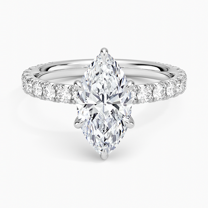 IGI Certified Lab Grown Diamond Engagement Ring Marquise Brilliant Hidden Halo Pavé Solitaire Ring