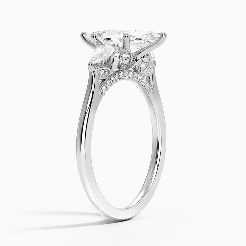 Lab Grown Diamond Engagement Ring Marquise Cut Three-Stone Ring with Floral Diamond Gallery - Image 2