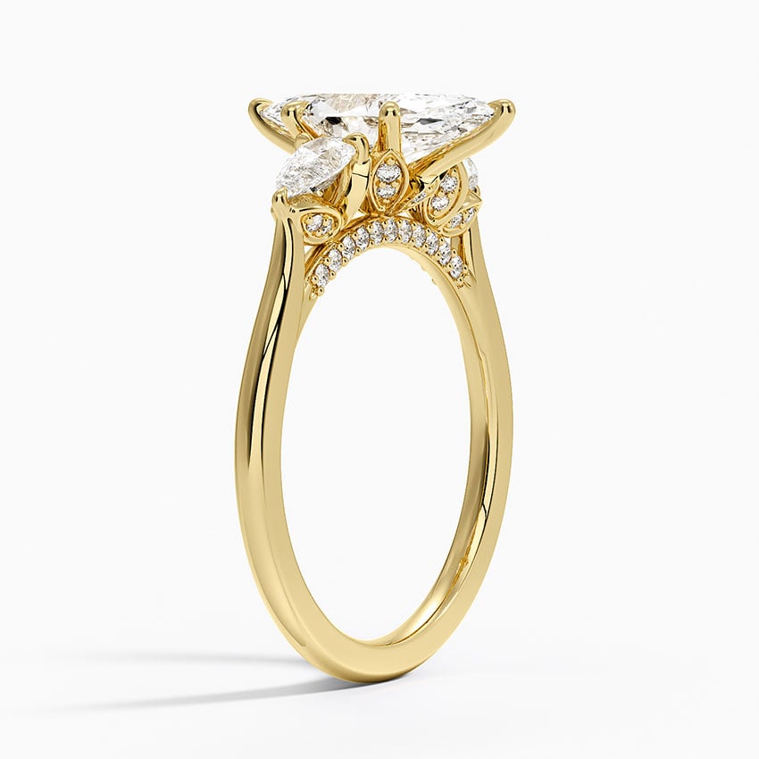 Lab Grown Diamond Engagement Ring Marquise Cut Three-Stone Ring with Floral Diamond Gallery - Image 5