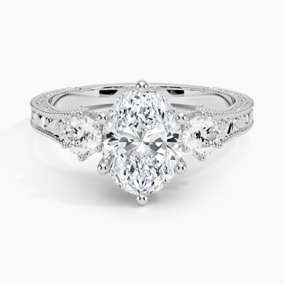 IGI Certified Lab Grown Diamond Engagement Ring Vintage Oval Cut Three Stone Ring