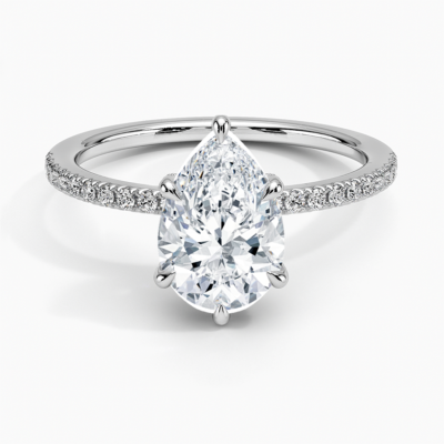 IGI Certified Lab Grown Diamond Engagement Ring Pear Cut Hidden Halo with Half Coverage Pavé Band Ring for Women