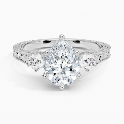 IGI Certified Lab Grown Diamond Engagement Ring Vintage Pear Cut Three Stone Ring