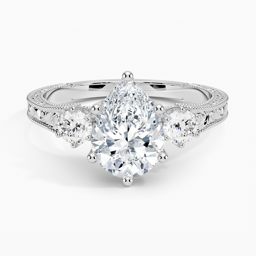 Lab Grown Diamond Engagement Ring Vintage Pear Cut Three Stone Ring