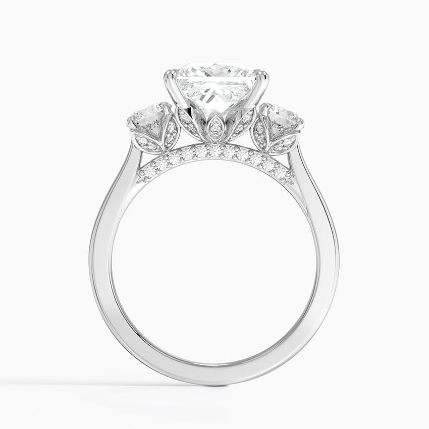 Lab Grown Diamond Engagement Ring Princess Cut Three-Stone Cathedral with Floral Diamond Gallery Ring for Women - Image 3