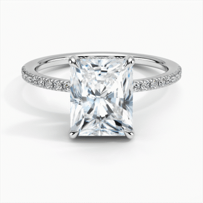 IGI Certified Lab Grown Diamond Engagement Ring Radiant Cut Hidden Halo with Half Coverage Pavé Band Ring for Women