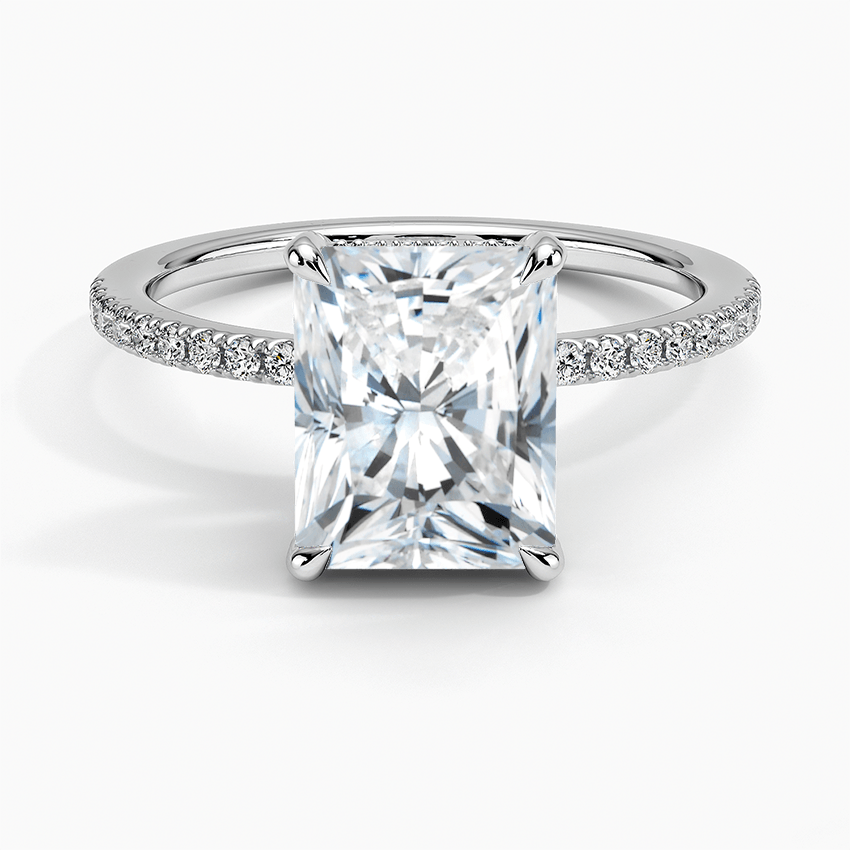Lab Grown Diamond Engagement Ring Radiant Cut Hidden Halo with Half Coverage Pavé Band Ring for Women