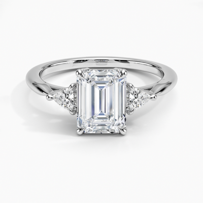 IGI Certified Lab Grown Diamond Engagement Ring Emerald Brilliant With Trillion Side Stone Ring
