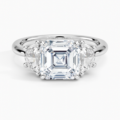 IGI Certified Lab Grown Diamond Engagement Ring Asscher Brilliant Three Stone Ring with Half-Moon Side Diamonds