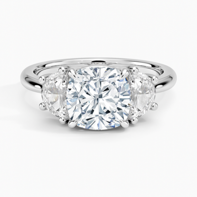 IGI Certified Lab Grown Diamond Engagement Ring Cushion Brilliant Three Stone Ring with Half-Moon Side Diamonds