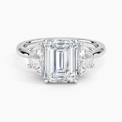 IGI Certified Lab Grown Diamond Engagement Ring Emerald Brilliant Three Stone Ring with Half-Moon Side Diamonds