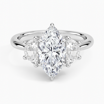 IGI Certified Lab Grown Diamond Engagement Ring Marquise Brilliant Three Stone Ring with Half-Moon Side Diamonds