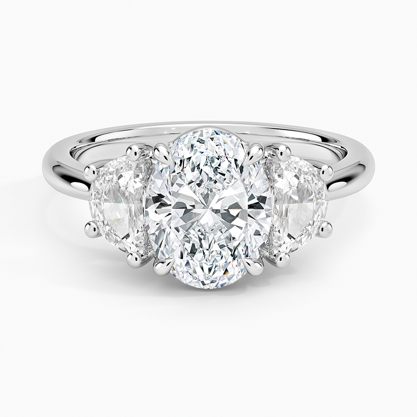 IGI Certified Lab Grown Diamond Engagement Ring Oval Brilliant Three Stone Ring with Half-Moon Side Diamonds